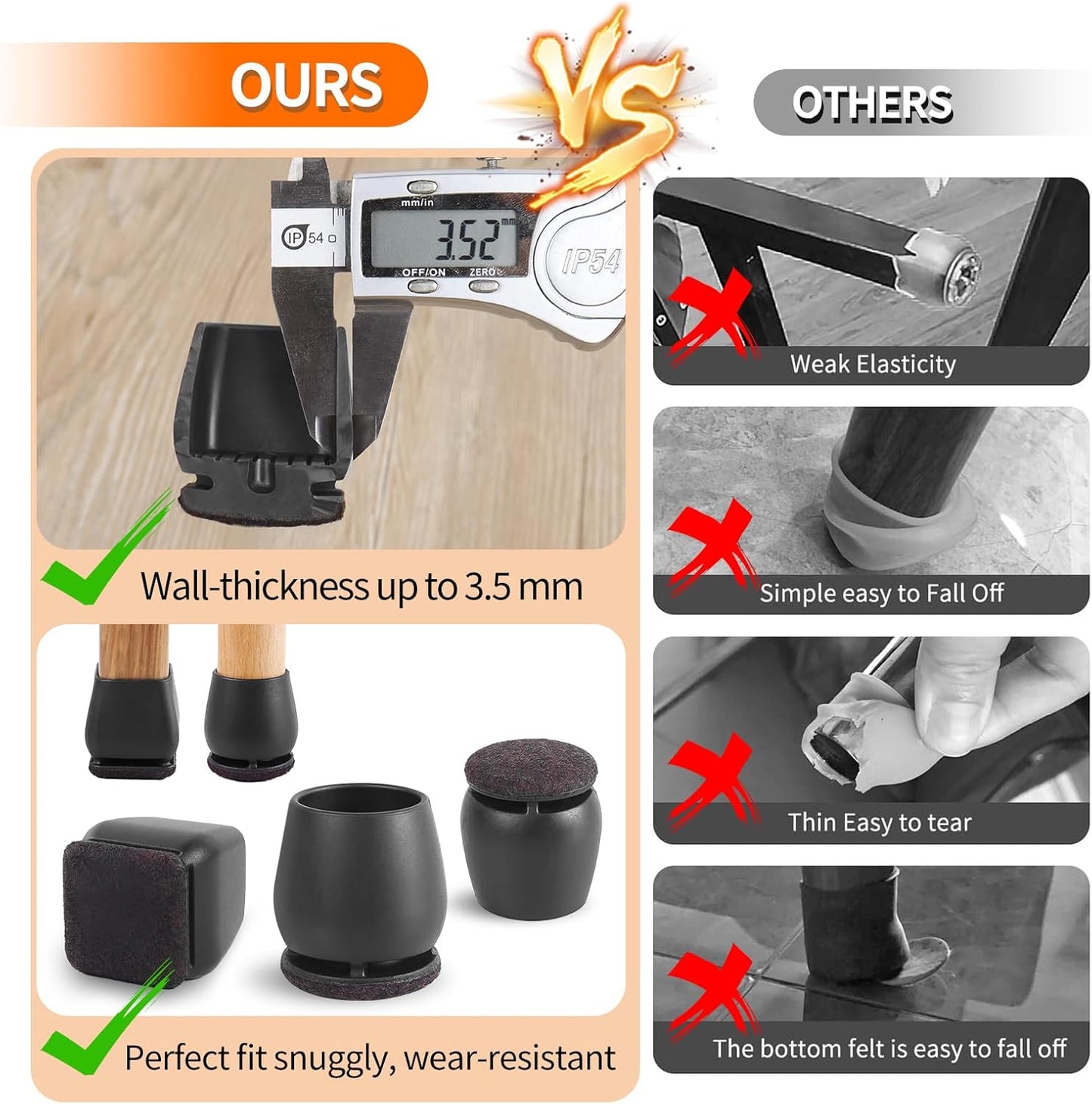 Ezprotekt 24 Pcs Square Silicone Chair Leg Floor Protectors, Felt Furniture Pads Covers for Table, Bar Stool Leg Floor Protectors Caps, Chair Socks Sliders for Wood Floors (Fit 0.8"- 1.1", Black)