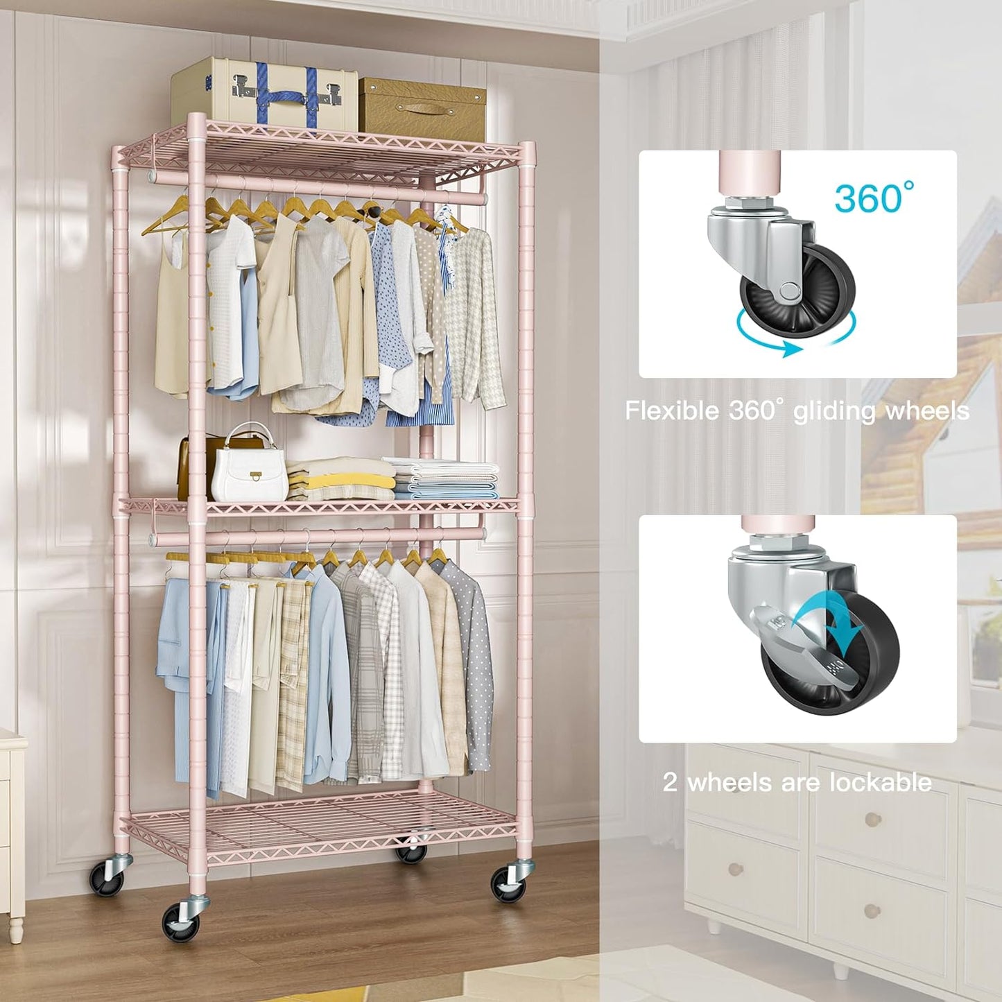 FUTASSI P1 Medium Heavy-Duty Portable Closet, 30" W x 14" D x 76" H, Metal Rolling Clothing Rack, Pink