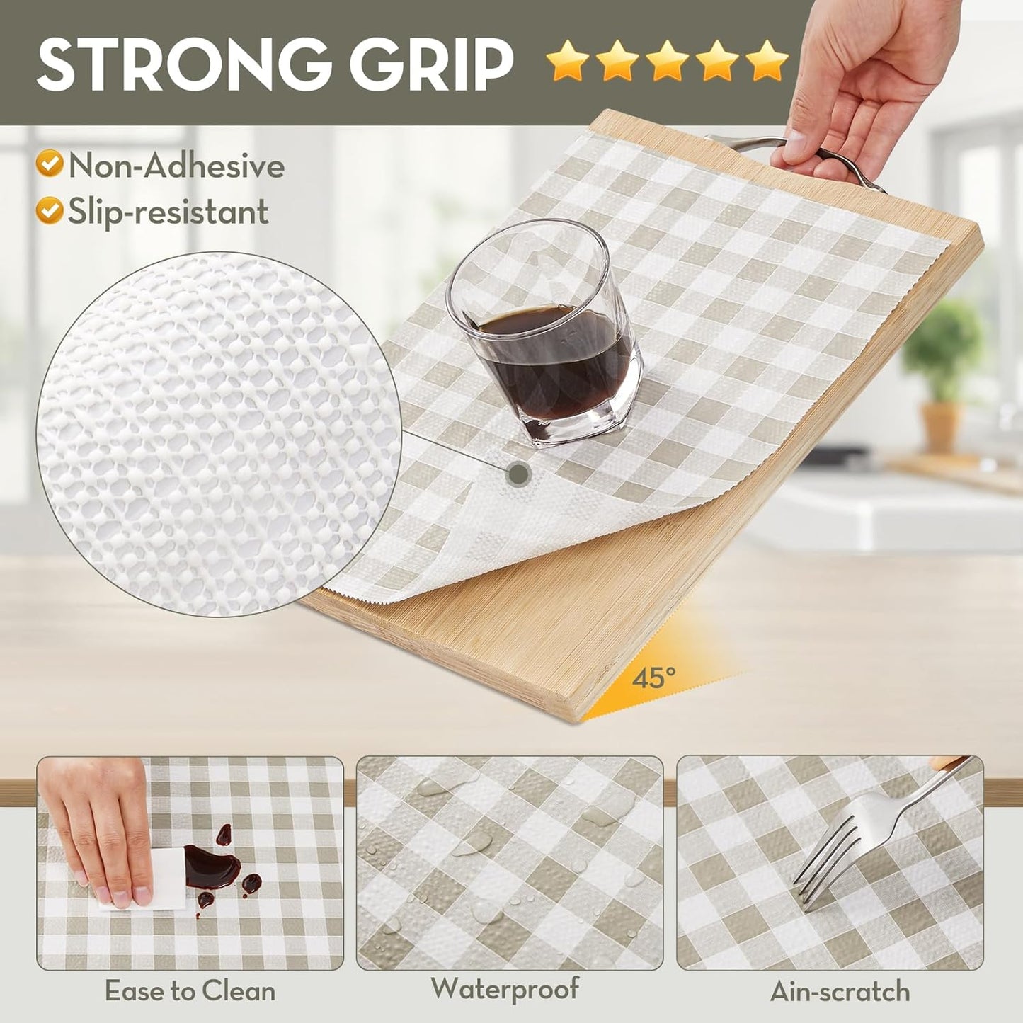 Drawer Shelf Liner, Non-Slip Kitchen Cabinet Liners Non-Adhesive Thick Strong Grip Waterproof Mats Protect Dresser Shelves Cupboard Bathroom Cabinets, Green Plaid, 17.5 in X 20 FT