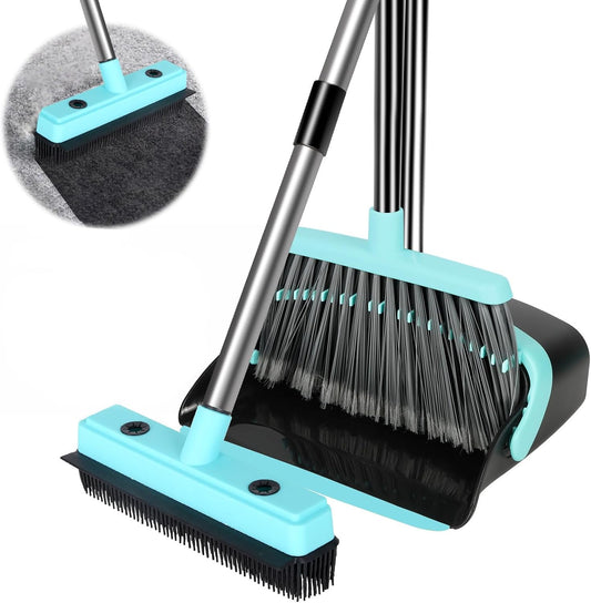 Broom with Dustpan Combo Set,Pet Hair Rubber Broom with Carpet Rake and Squeegee,Long Handle Broom with Upright Standing Dustpan for Indoor Cleaning (Broom and Rubber Broom)