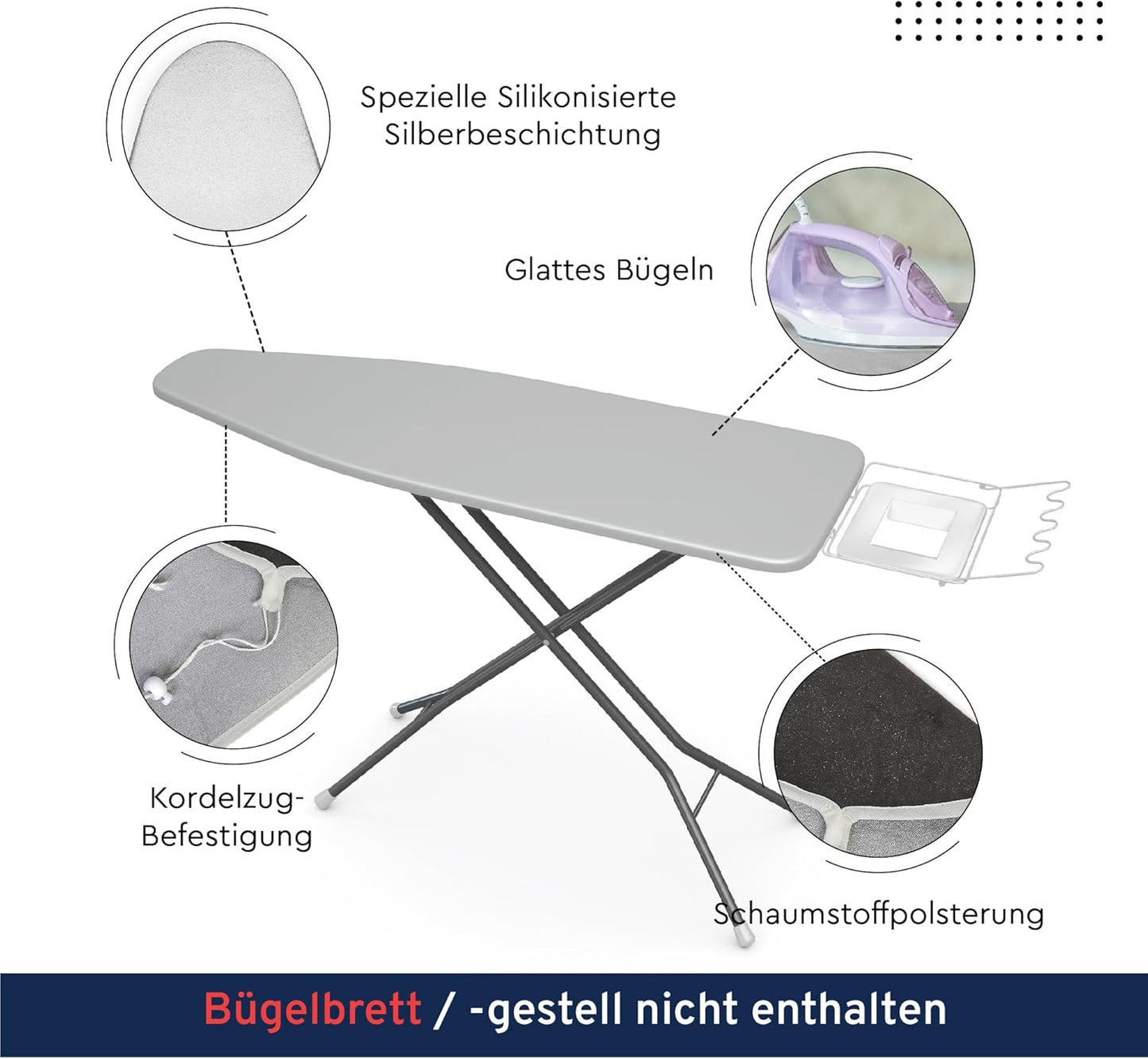 Encasa XO Ironing Board Cover and Pad 28"x12" - Thick 2mm Foam Padding, Drawstring Tightening & Lock, Heat Reflective, Scorch & Stain Resistant, Mini Ironing Board - Silver Premium