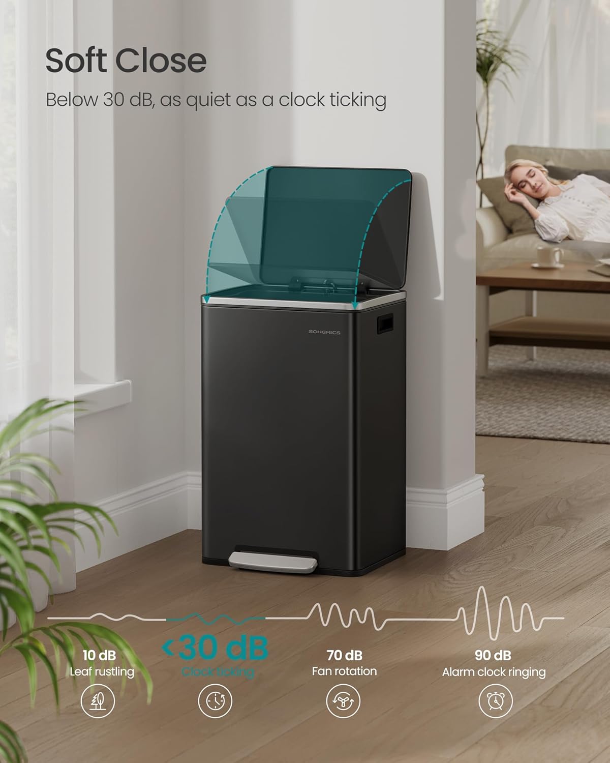 SONGMICS Trash Can, 13-Gallon Gabbage Can, with 15 Trash Bags, Steel, with Soft-Close Lid, Removable Inner Bucket, Handles, Ink Black ULTB595B01V1