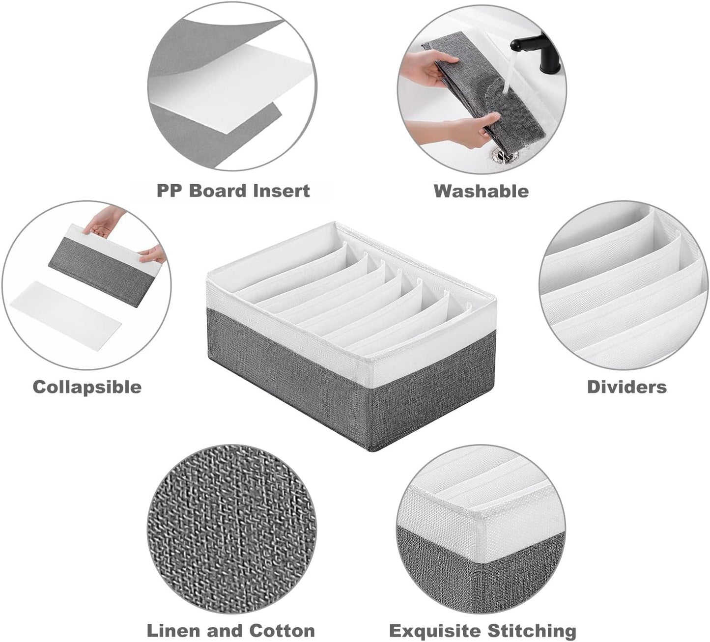 4 Packs T-shirt Drawer Organizers for Clothing,8 Grids Compartment Wardrobe Storage Box, Washable Clothes Organizer for Legging,Silk Scarve-12.59''x9.05''x5.9-GreyWhite