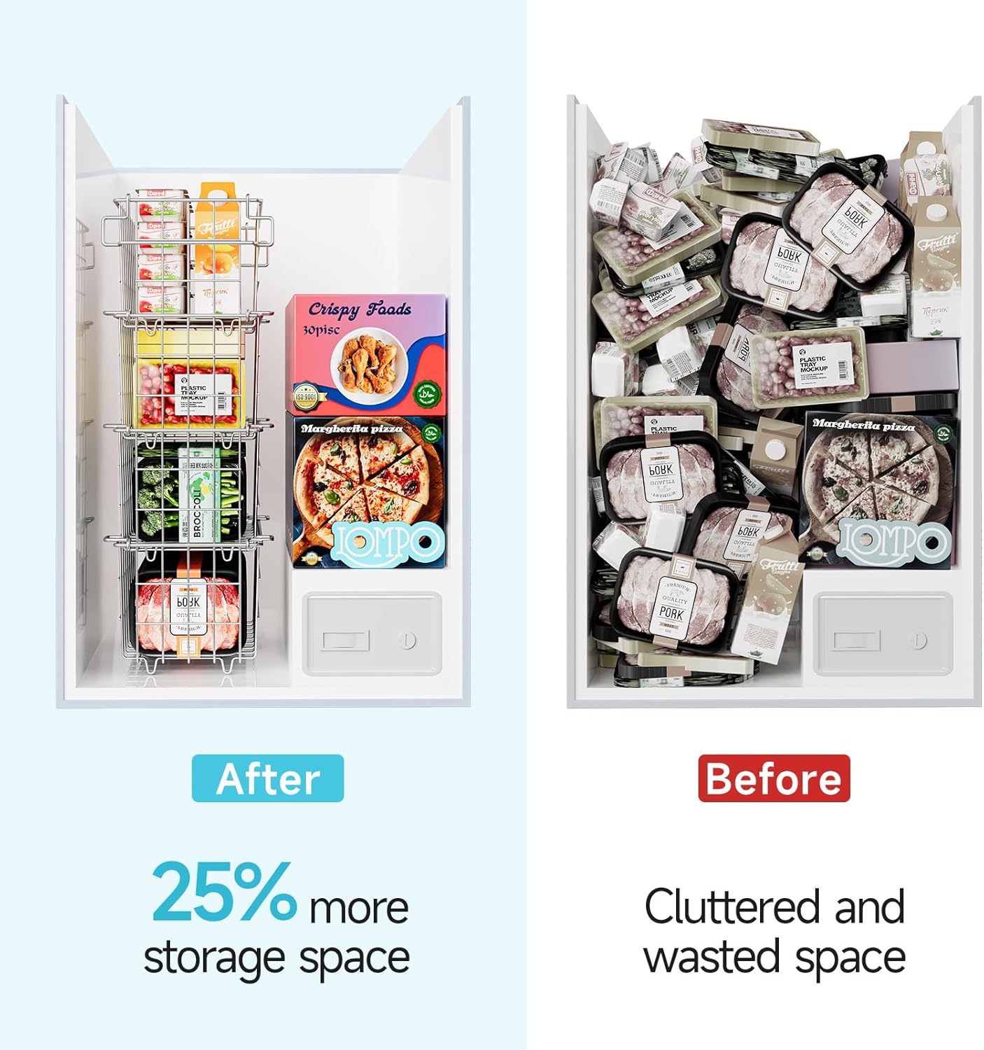 Freezer Organizer Bins - Fit 10 to 20 Cu.FT Deep Freezer, Stackable Chest Freezer Organizer Sort Frozen Food and Easily Get with Handle, 4 Pack Chest Freezer Bins