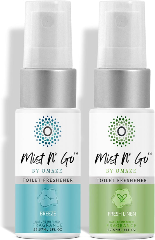 Mist N’ Go by Omaze Travel Bathroom Spray for Toilet Spray Odor Eliminator - Travel Toilet Spray for Bathroom Air Freshener Spray for Bathroom Deodorizer - Clean Mix, Travel Size (1oz x2)
