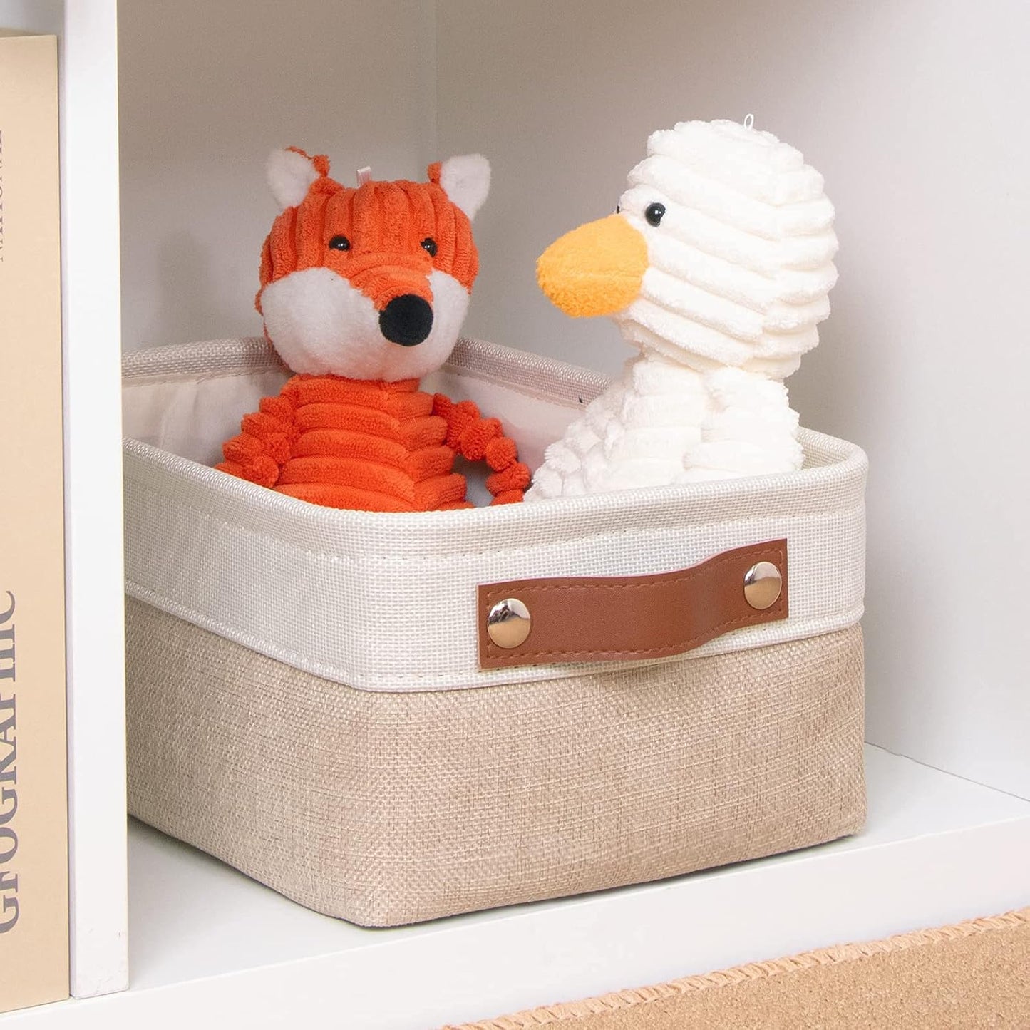 DULLEMELO Small Collapsible Fabric Basket for Organizing, Shelves, Closets, Laundry, Nursery, Decorative Gift Basket (White&Khaki)