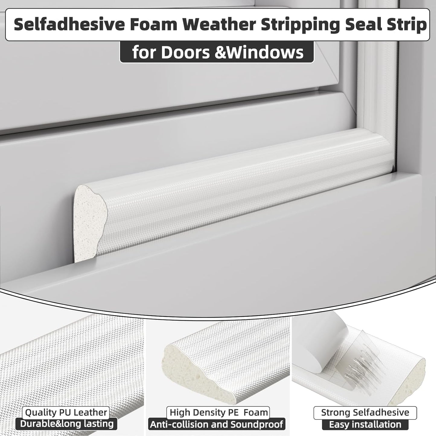 9.8 Ft Weather Stripping Seal Strip for Doors/Windows,Soundproofing Window Insulation Draft Stopper for Winter, Selfadhesive Foam Weather Strip for Door Frame,Door Gap Filler Noise Blocker(White)