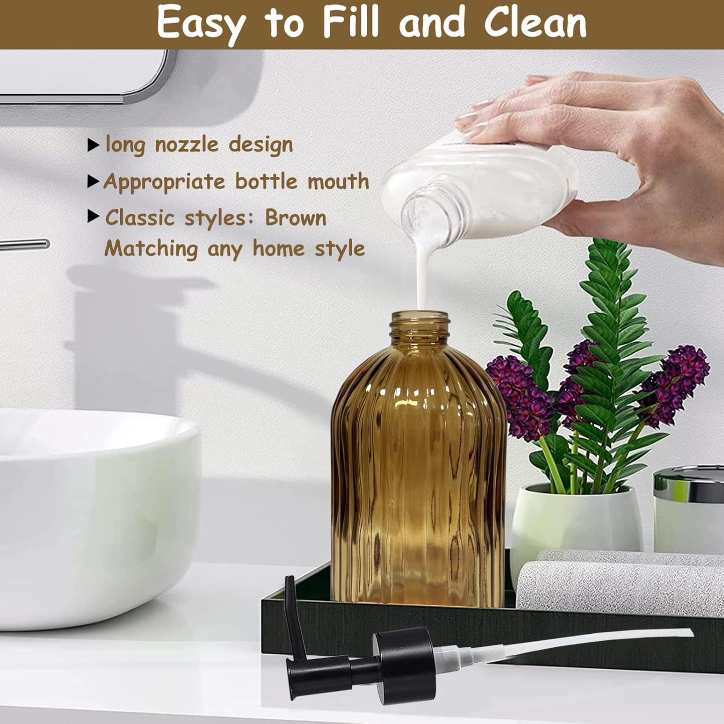 Black Pump Glass Soap Dispenser, 13.5oz Brown Stripe Countertop Refillable Liquid Bottle Hand Dish Lotion Dispenser with Plastic Pump, for Kitchen, Bathroom Countertop