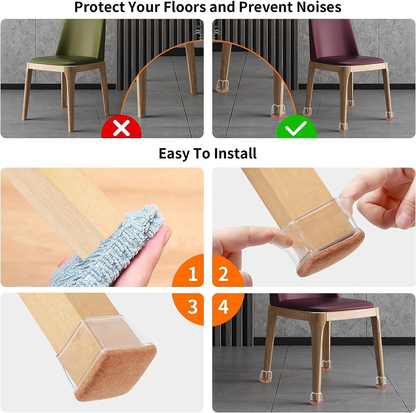 Ezprotekt 24 Pcs XL Square Clear Chair Leg Floor Protectors, Silicone Felt Furniture Pads Caps for Hardwood Floor, Dining Table Bar Stool Leg Protectors Leg Cups Covers (XL Fit: 1.5"-2")