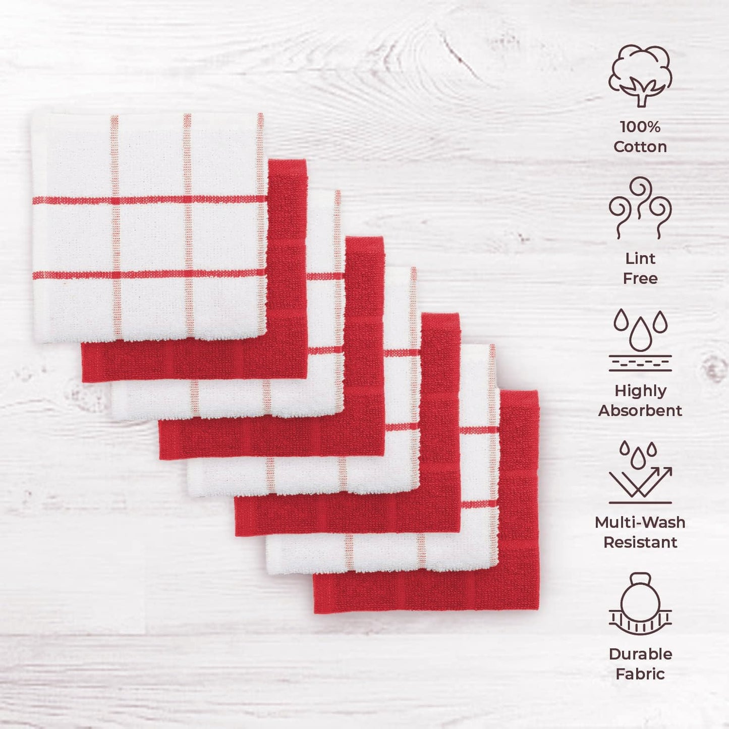 100% Cotton Terry Dish Cloth & Dish Towel, 6 Pack, Super Soft and Absorbent Kitchen Towels, Perfect for Kitchen Cleaning and Dish Washing (RED (Solid and Checks) 8 Pack)