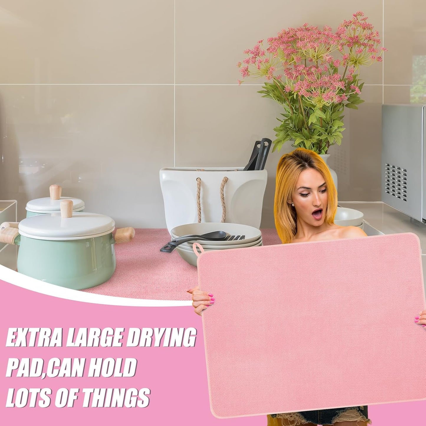 Hushee 2 Pack Extra Large Dish Drying Mat Microfiber Absorbent Dish Drying Pad Large Size Dishes Drainer Mats for Countertop, Sink, Refrigerator or Dryer (30 x 24 Inch,Pink)