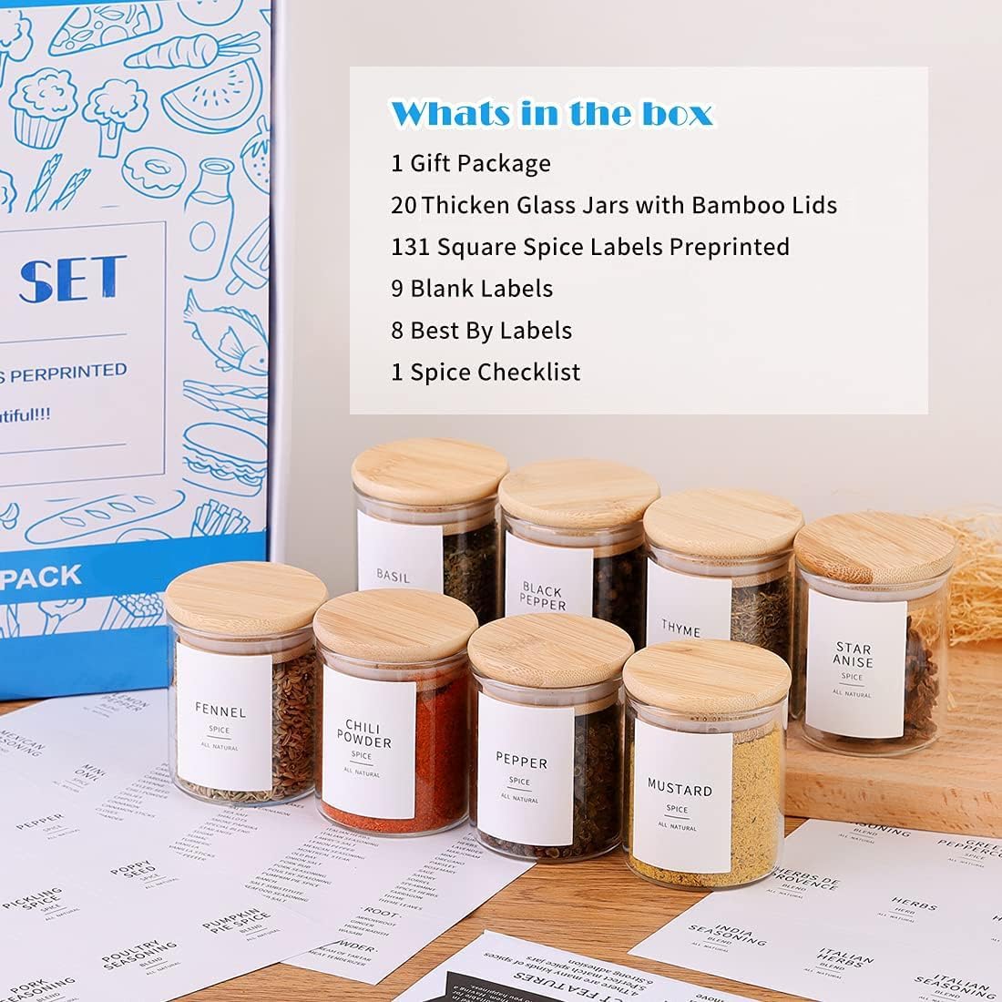 Glass Spice Jars with Bamboo Lids - 20 Pcs Thicken(2.4mm) 4oz Airtight Seasoning Containers with 131 Waterproof Minimalist Spice labels Preprinted - Small herb Jars for Pantry Organization and Storage