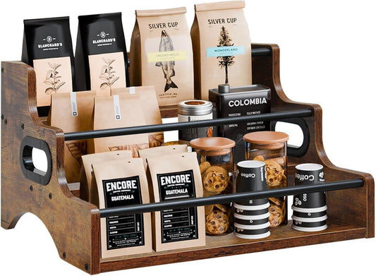 AT-VALY 3-Tier Spice Rack, Iron&MDF Kitchen Storage Shelf, Space-Saving Countertop Organizer for Spices, Herbs, Seasonings, Sturdy Stylish Condiment Holder,Countertop Wine Rack (Rustic Brown)