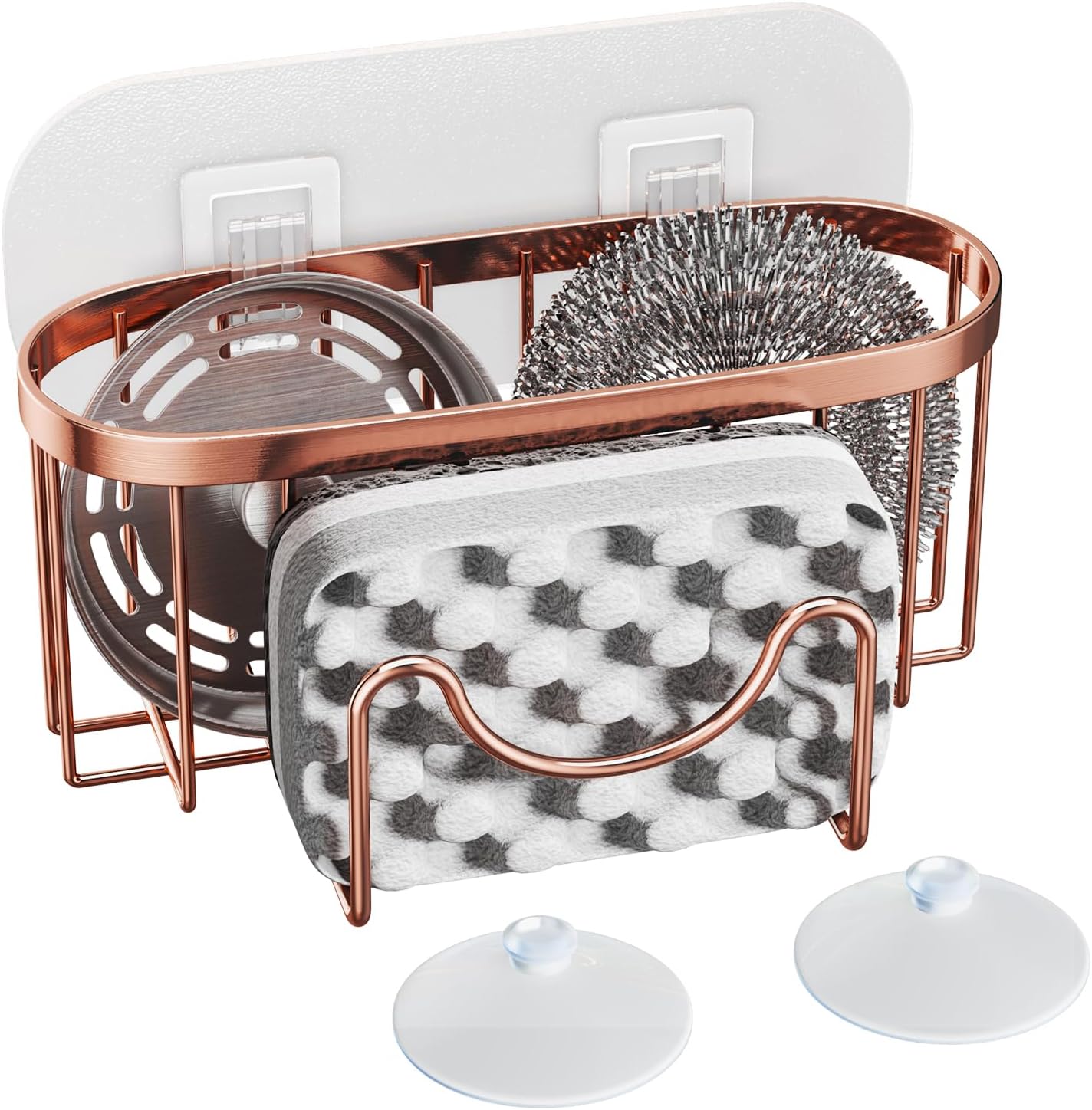 HapiRm Multifunctional Sink Sponge Holder with Unique M-Shaped, 2 Installation Ways Kitchen Sink Caddy, Stainless Steel Kitchen Organizer for Sponge, Brush and Scraper - Rose Gold