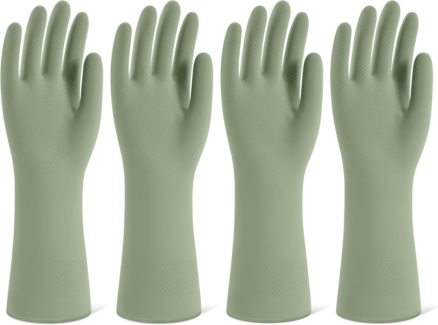 Rubber Cleaning Gloves for Dishwashing, 4 Pairs Reusable Kitchen Gloves for Washing Dishes and Household Cleaning, Green Dish Gloves with Flocked Lining and Non-Slip Grip, Pefect for Woman Men - L