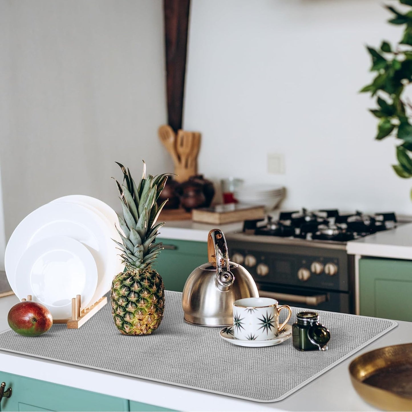 Hushee 2 Pack Extra Large Dish Drying Mat Microfiber Absorbent Dish Drying Pad Large Size Dishes Drainer Mats for Countertop, Sink, Refrigerator or Dryer (30 x 24 Inch,Blue, Gray)