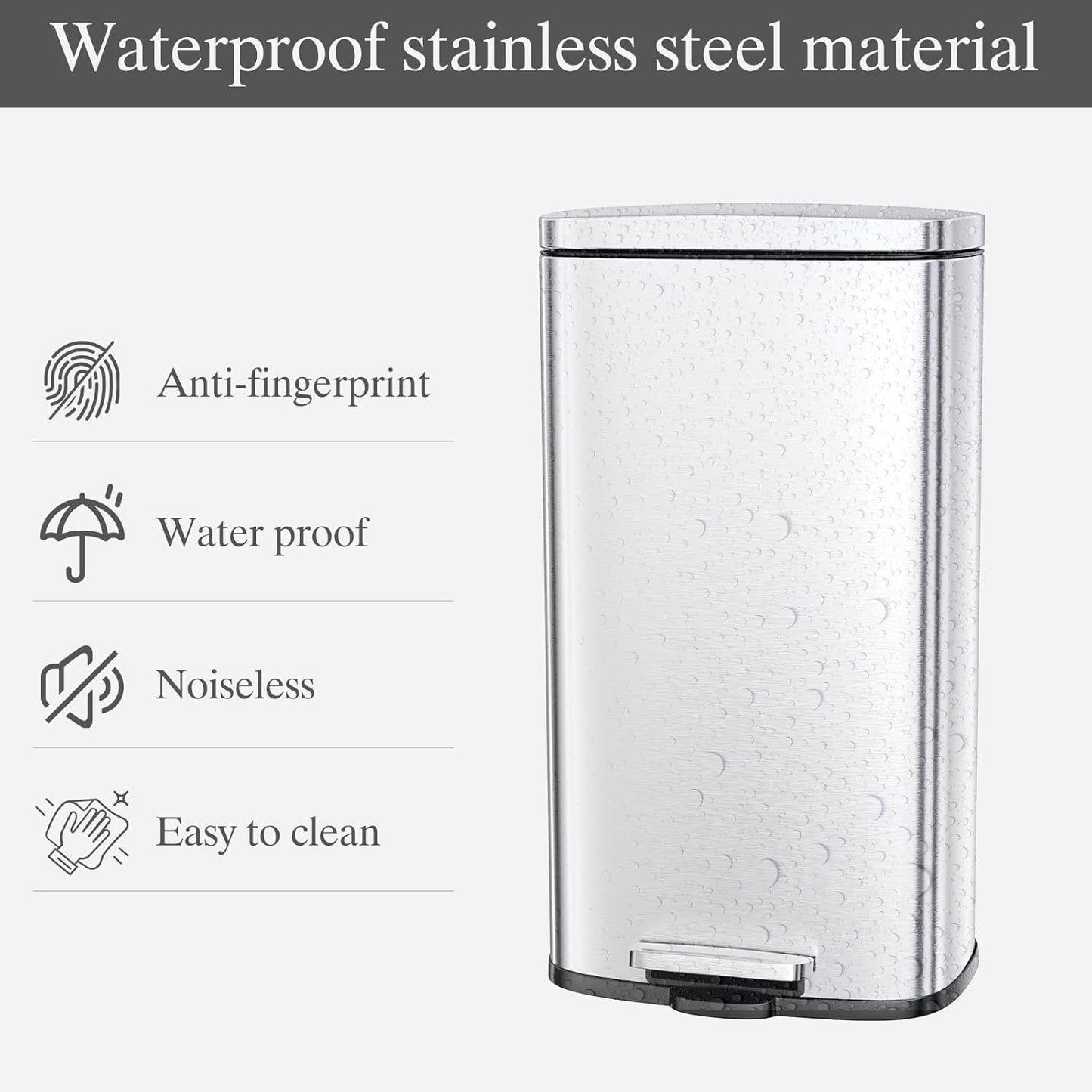 AthLike Trash Can, Stainless Steel Kitchen Garbage Can, Step Waste Bin with Hinged Lid and Removable Inner Bucket, Soft-Close, Dustbin for Bathroom Bedroom Living Room Home (Silver, 8 Gal)