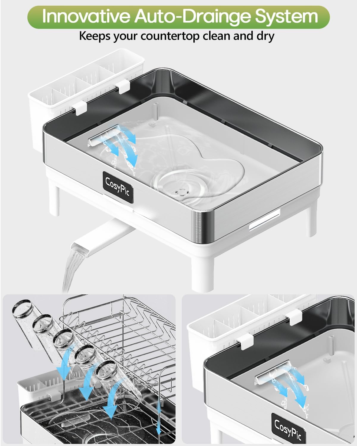 2 Tier Dish Drying Rack, Thicker Premium 304 Stainless Steel Dish Racks for Kitchen Counter, Automatic Drainage Spout, Dish Drainer & Drainboard Set with Utensil Holder and Cup Holder, White