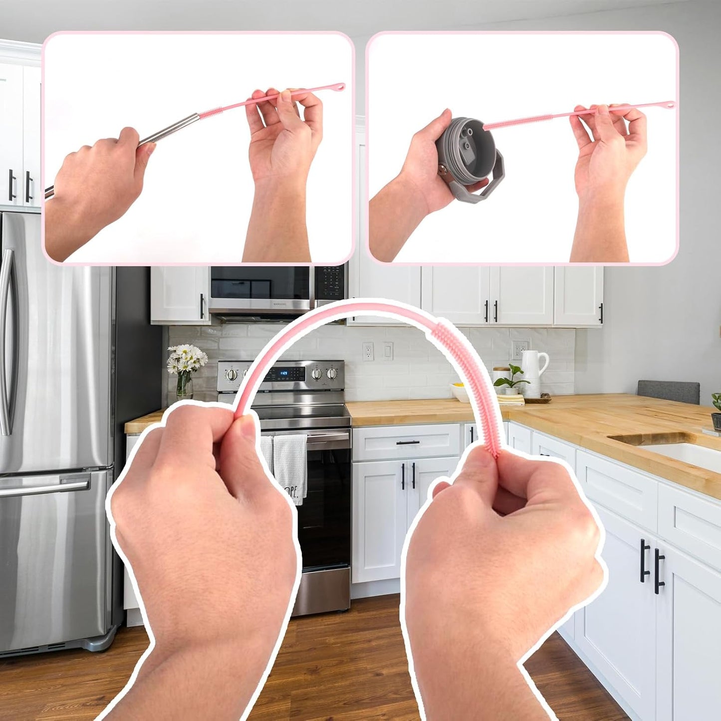 2pcs Silicone Straw Cleaner Brush, 9.5in Extra Long Reusable Straw Brush for Stanley, Metal, Glass Straws, Bendable Travel Drinking Bottle Lid Cleaning Tool for Crevice Pipe Tube (Pink)