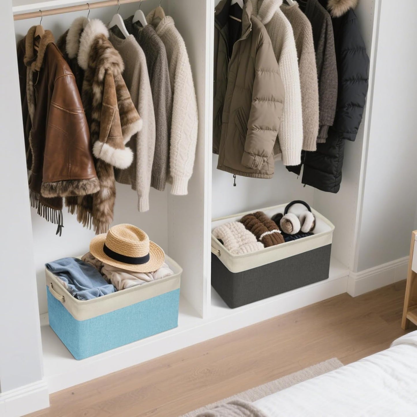 BALEINE 4 Pack Fabric Storage Bins for Shelves, Linen Storage Baskets for Organizing, Decorative Closet Bins for Clothes, Home (Grey, 15"x11"x9.5")