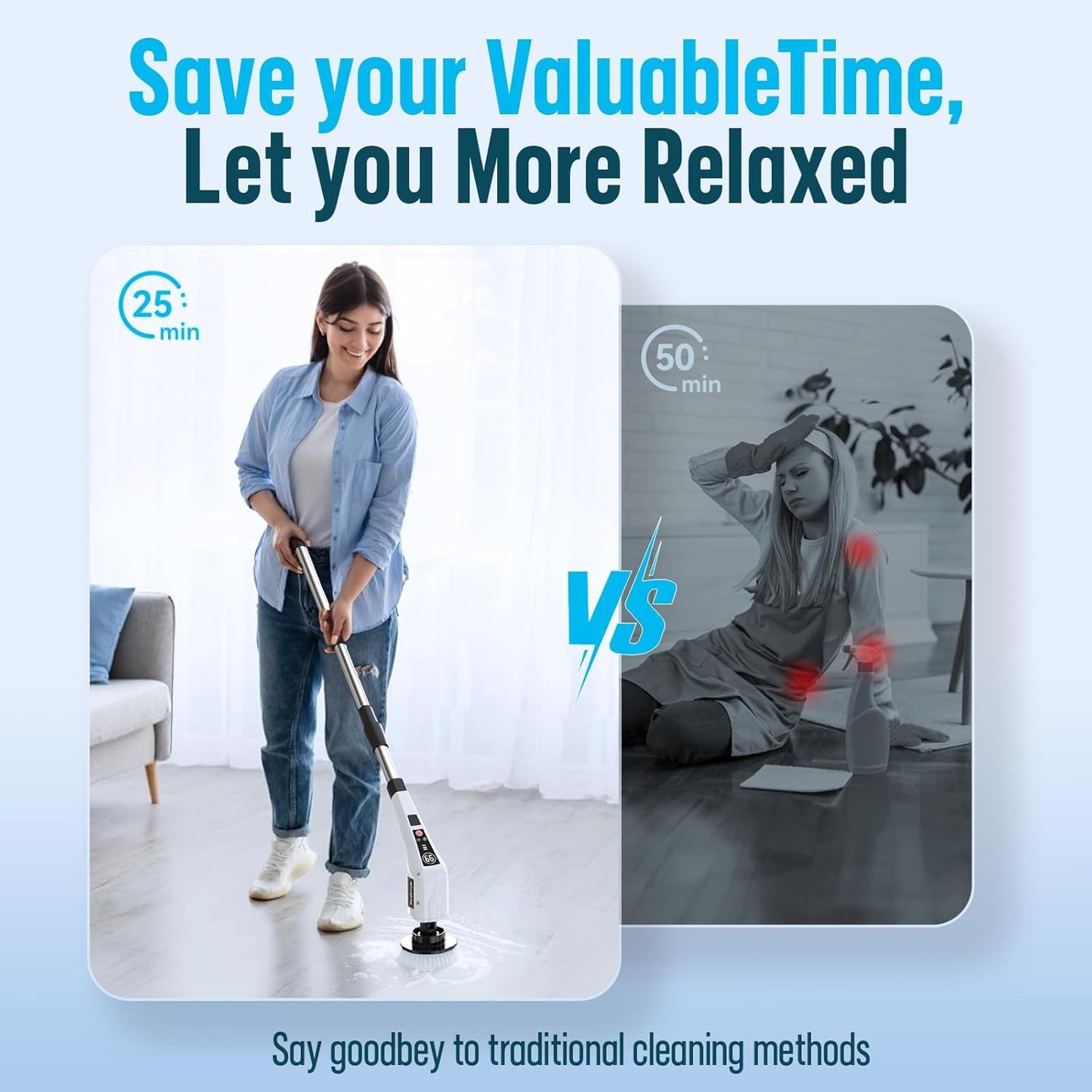 Electric Spin Scrubber, Cleaning Brushes for Household Use with 8 Replaceable Brush Heads, Power Scrubbers for Cleaning Bathroom, Extension Bath Brush Long Handle for Shower, Tub, Kitchen, Tile, Floor