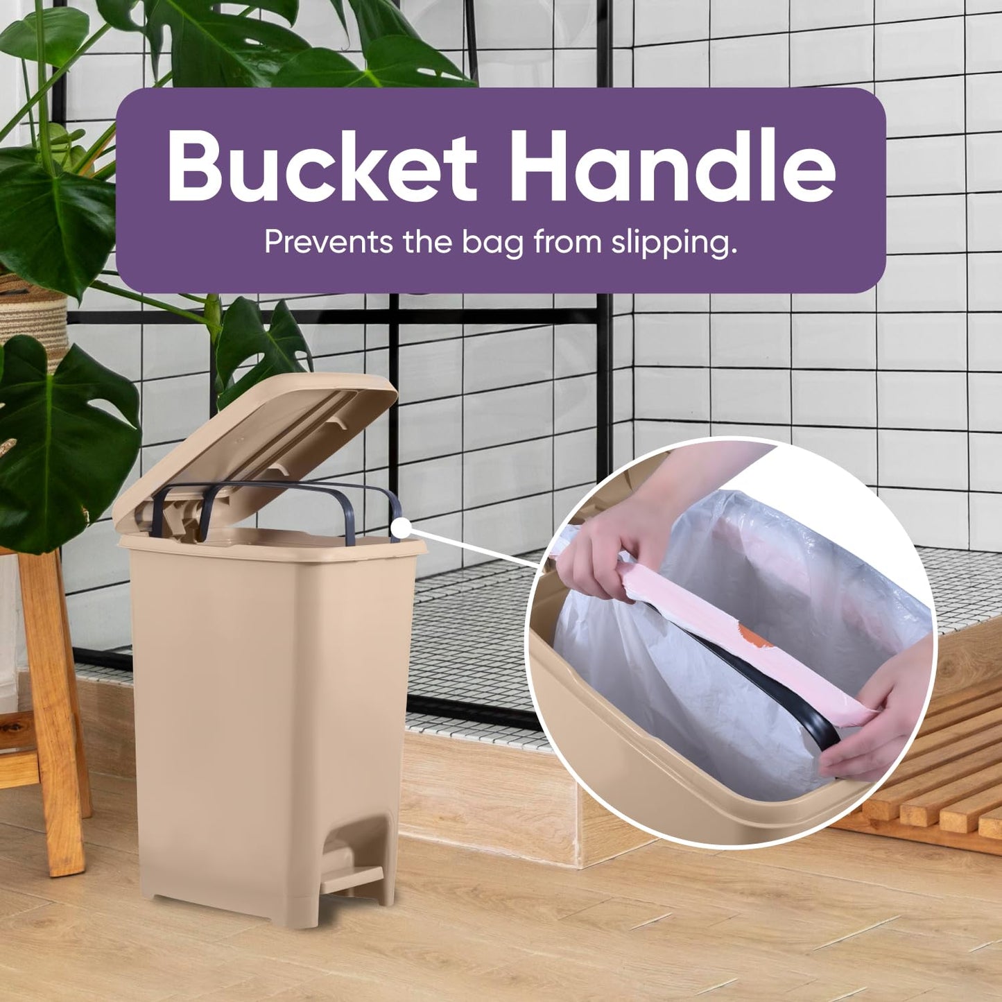 Superio Slim Step On Trash Can, Beige Waste Bin with Foot Pedal Lid 26 Liter, Kitchen, Under Desk, Office, Bedroom, Bathroom (1, 6.5 Gallon)