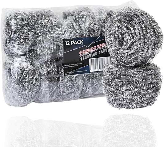 Brheez Stainless Steel Cleaner Scouring Pads [12 Pack] - Industrial & Commercial Strength Large Cleaning Supplies Dish Sponge - Individually Wrapped 100 Gram