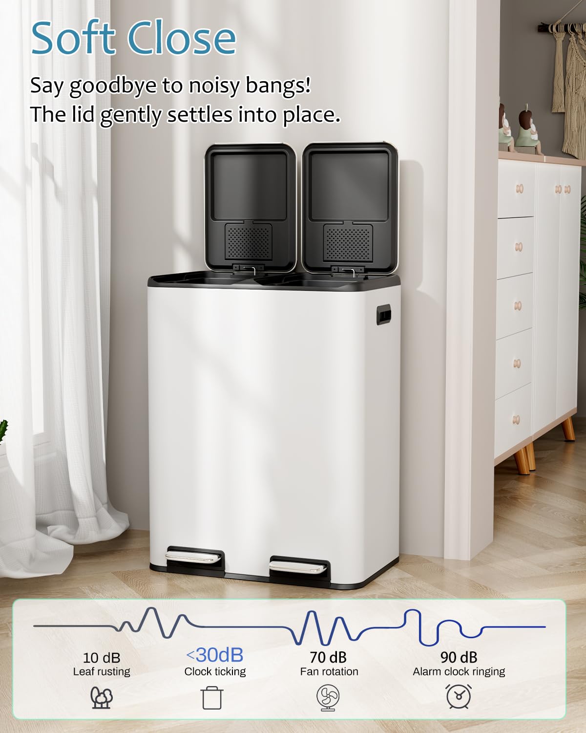 16 Gal (2 x 30 L) Dual Trash Can, Stainless Steel Kitchen Garbage Bin, Recycle Dustbin with Odor Control Box, Soft-Close Lid, Inner Buckets, Side Handle, Step Pedal, for Home Office