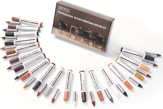 DEWEL Wood Furniture Markers & Filler Sticks Repair Kit, New Improved 18 Colors Touch Up Markers and Wax Sticks - Cover Damaged Wooden Surface and Floor, for Pet Scratches, Stains, Cracks and Dents