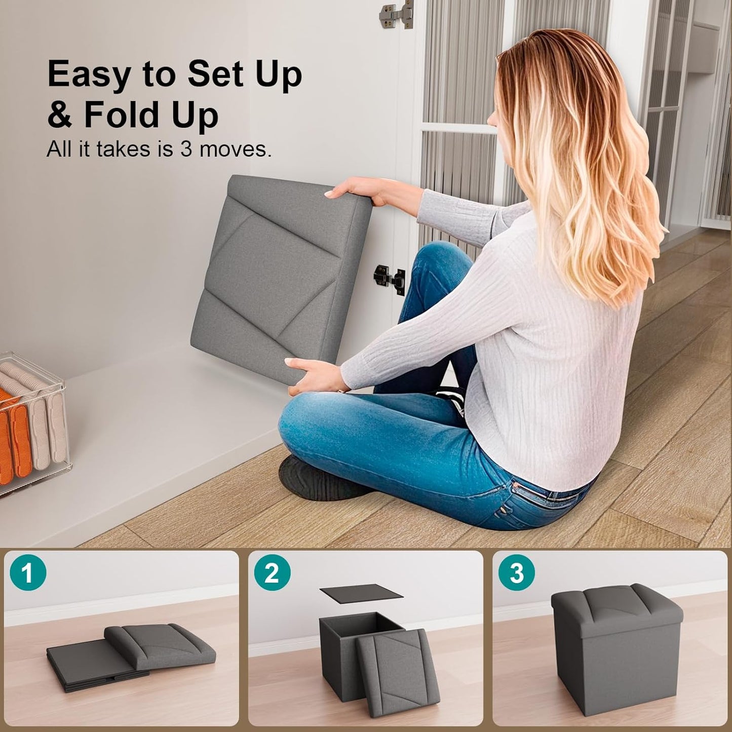 Folding Storage Ottoman Bench, 15 Inches End of Bed Bench, Folding Ottoman Storage for Bedroom, Entryway and Living Room, 15"x15"x15",Dark Gray