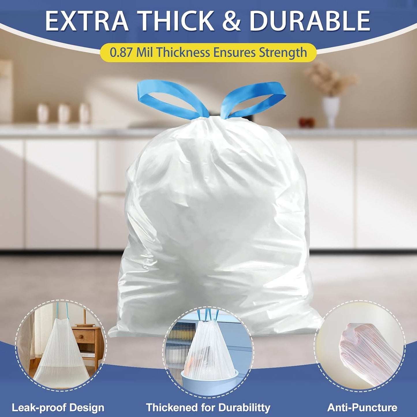 15 Gallon Trash Bags with Drawstring - 120 Count Heavy Duty 1.25 Mil Garbage Bags 56 Liter Tall Kitchen Bin Liners Unscented White for Home Yard Lawn