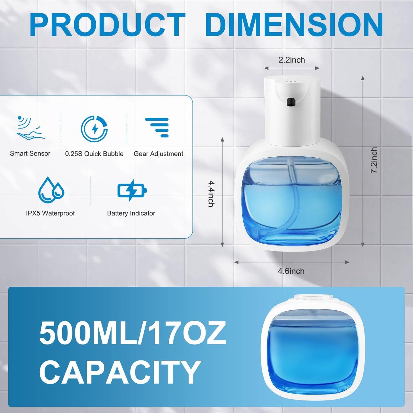 Automatic Liquid Soap Dispenser with 500ml /17oz Capacity, Touchless Soap Dispenser with 4 Level Adjustable, Rechargeable, Wall-Mounted, Waterproof for Kitchen, Bathroom, Hotel, Restaurant