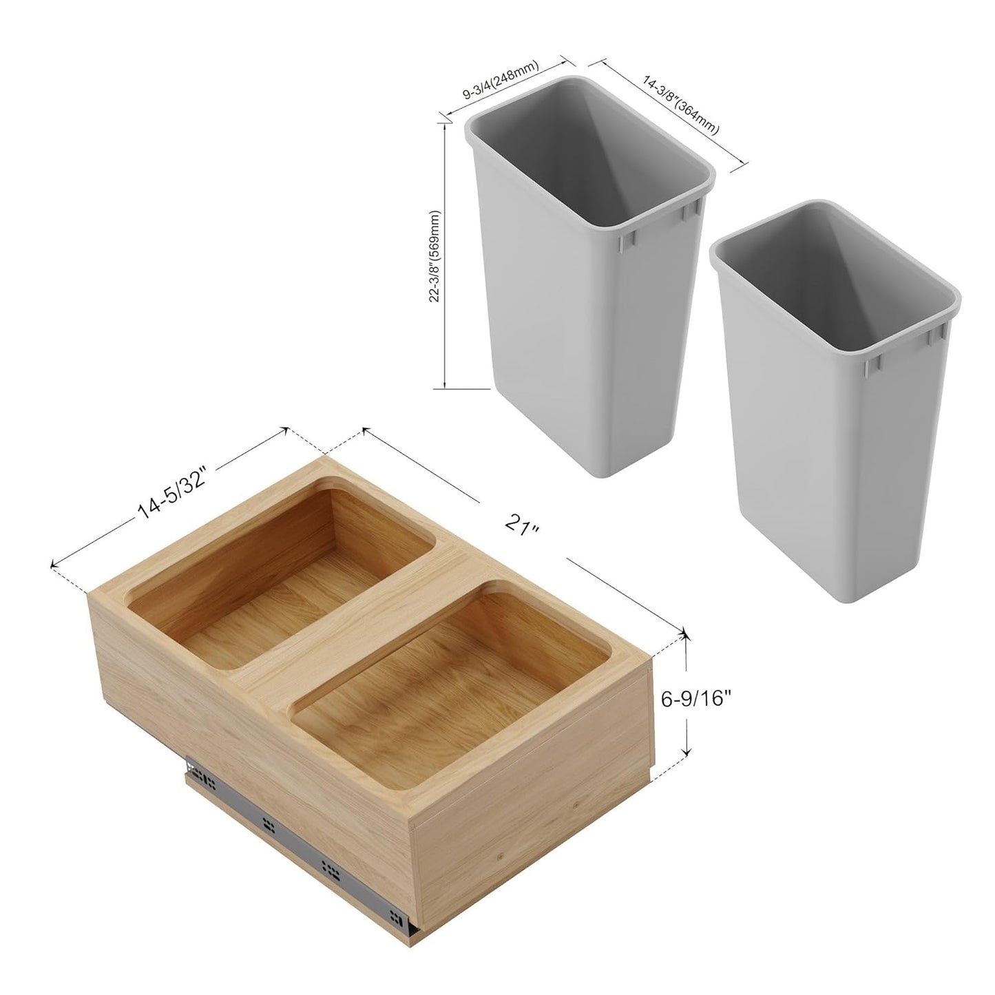 Dowell B18/B21 Wood Base Wastebasket Pullout with Two 50Qt Plastic Bins (4008 0218 50Qt X 2-18" W)