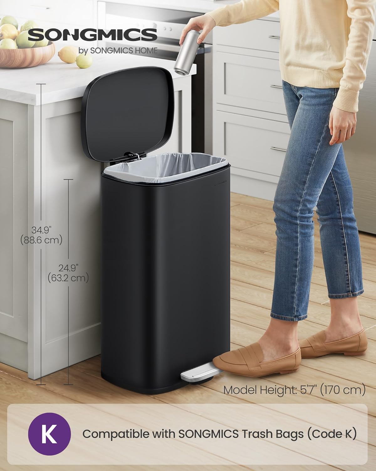 SONGMICS 13 Gallon (50 L) Trash Can, Stainless Steel Kitchen Garbage Can, Recycling or Waste Bin, Soft Close, Step-On Pedal, Removable Inner Bucket, Black ULTB050B01