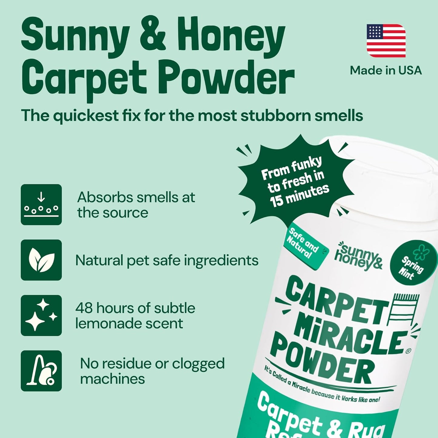 Sunny & Honey Carpet Deodorizer Powder - 20 Oz, Spring Mint - Odor Eliminator & Rug Freshener Powder for Pets & Kids