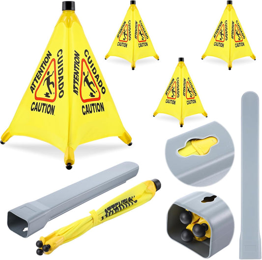 4-Packs Wet Floor Signs 20 Inch, Pop UP Bilingual Yellow Caution Wet Floor Sign with Wall Mounted Storage Tube Foldable, Slip Carefully Safety Cone Signs Pop up Caution Commercial Sign