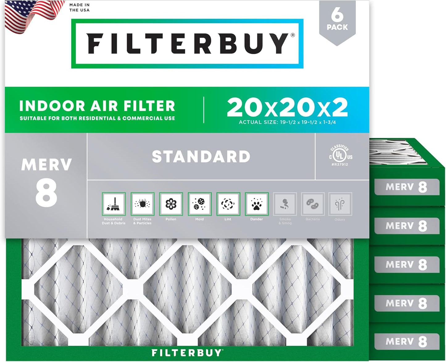 Filterbuy 20x20x2 Air Filter MERV 8 (MPR 700) Dust Defense Replacement (6-Pack), Electrostatic Pleated HVAC AC Furnace Filters, Made in USA (Actual Size: 19.50 x 19.50 x 1.75)