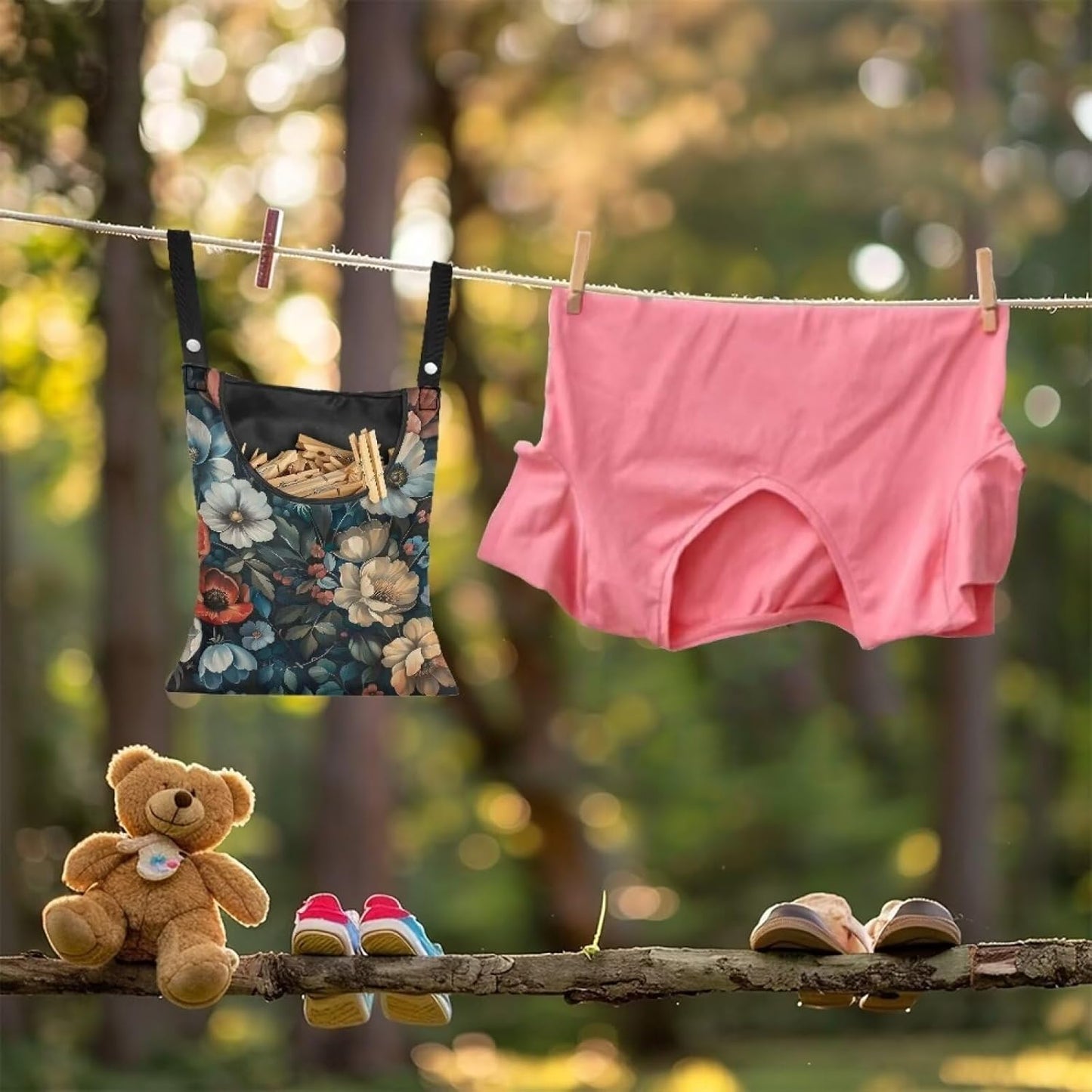 Art Flowers Clothes Pin Bag Holder - 14.5 x 12 Inch Lightweight Clothespin Bag for Easy Hang