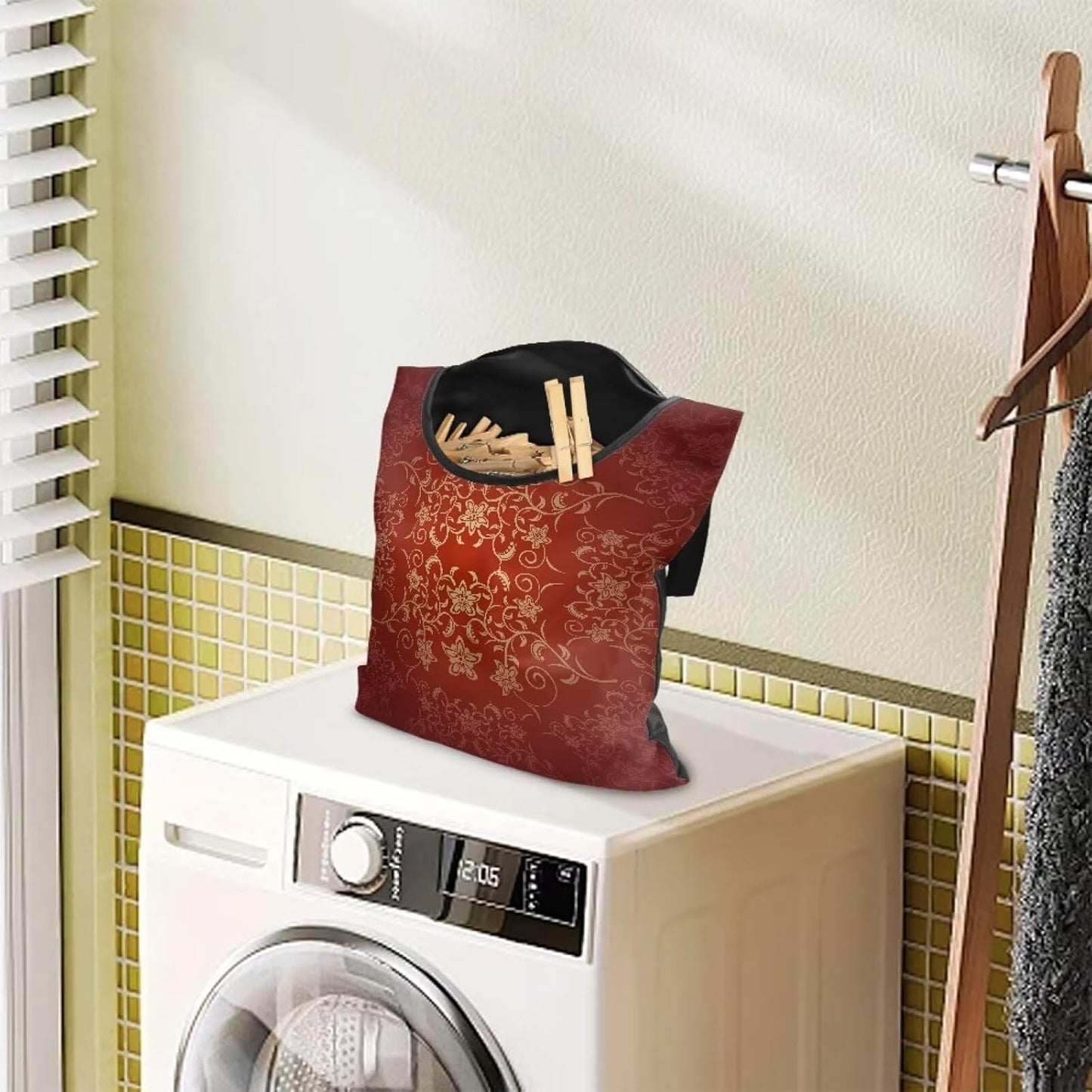 Home Outdoor Clothespin Holder - Windproof & Water Resistant Storage Bag - Commercial Quality Hanging Organizer for Laundry Businesses Classic Flower Pattern Print 14.5x12in