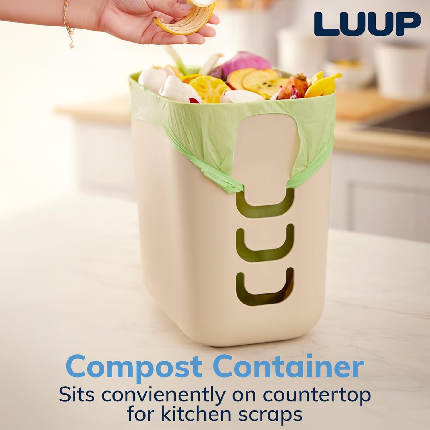 STORi Luup Bathroom Wastebasket, Secure Grocery Bags, Plastic Garbage Container for Vanity, Laundry Room, Kitchen, Office, 2.5 Gallon, Beige, Made in USA