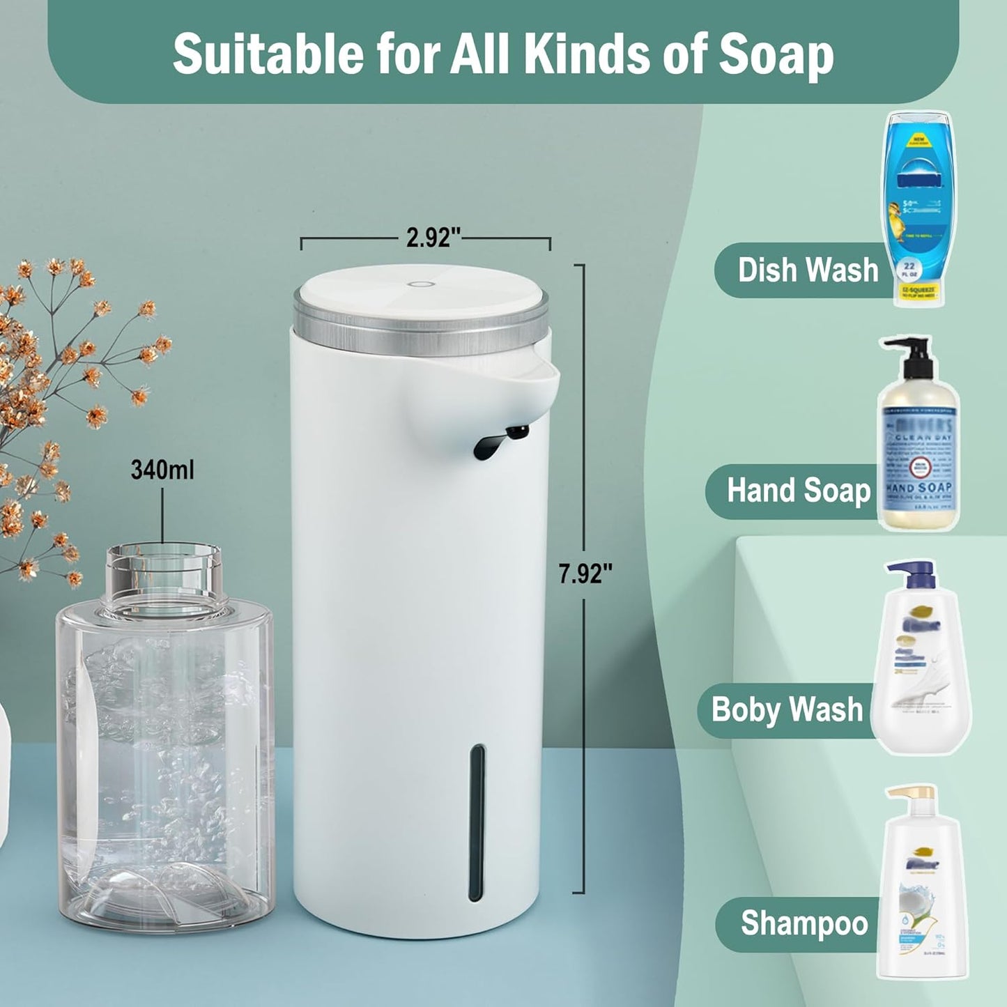 Automatic Soap Dispenser Touchless (Upgrade Auto & Manual Modes) - IPX7 Waterproof - Adjustable Volume for Thick & Thin Liquid - USB C Rechargeable Dish/Hand Soap Dispenser for Bathroom Kitchen