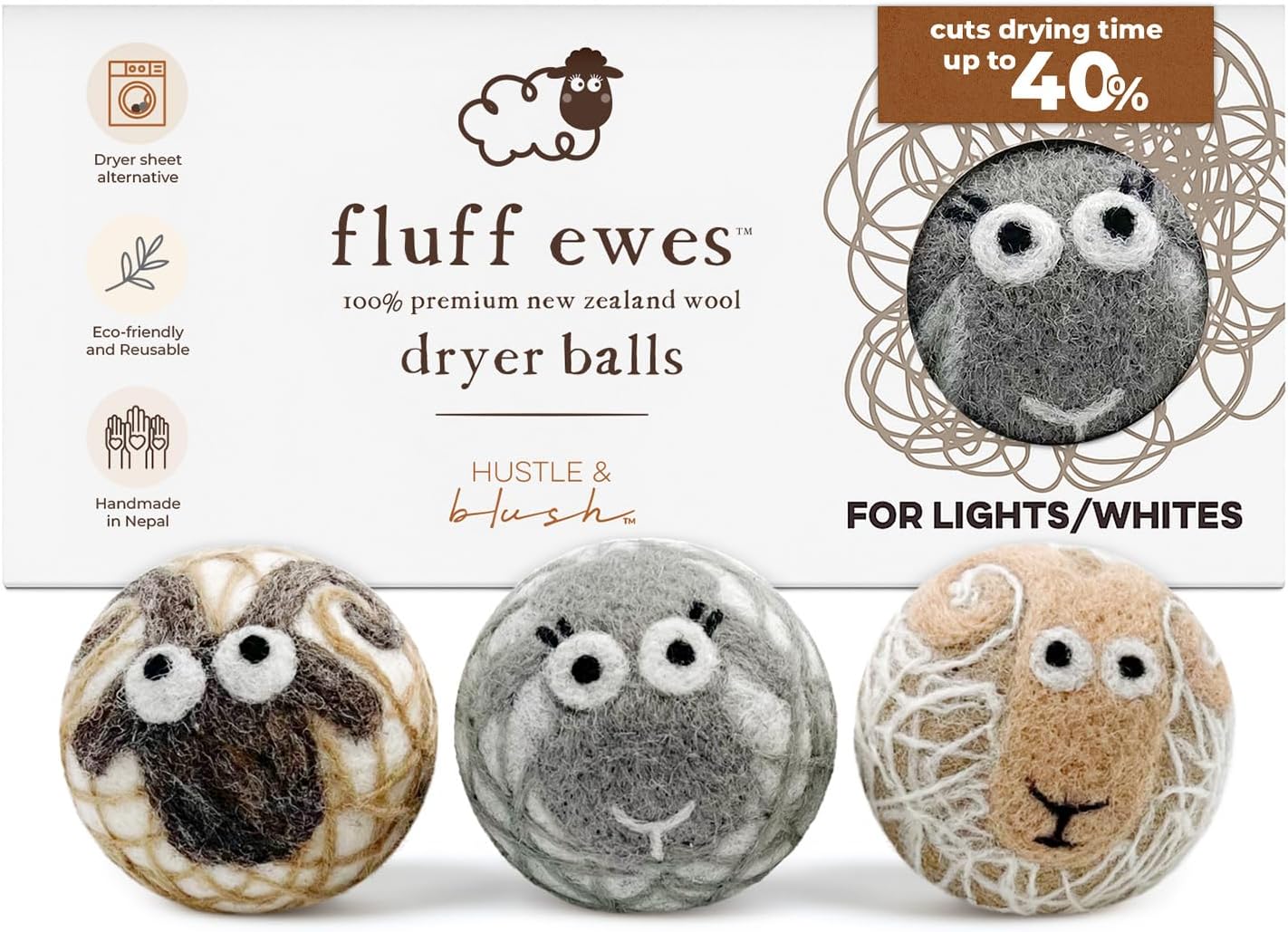 Fluff Ewes Wool Dryer Balls 3 Pack Premium New Zealand Wool Laundry Balls for Dryer, No Static Dryer Balls Laundry Reusable Cute - XL Wool Dryer Balls Cute, Baby Dryer Balls for Dryers - Lights