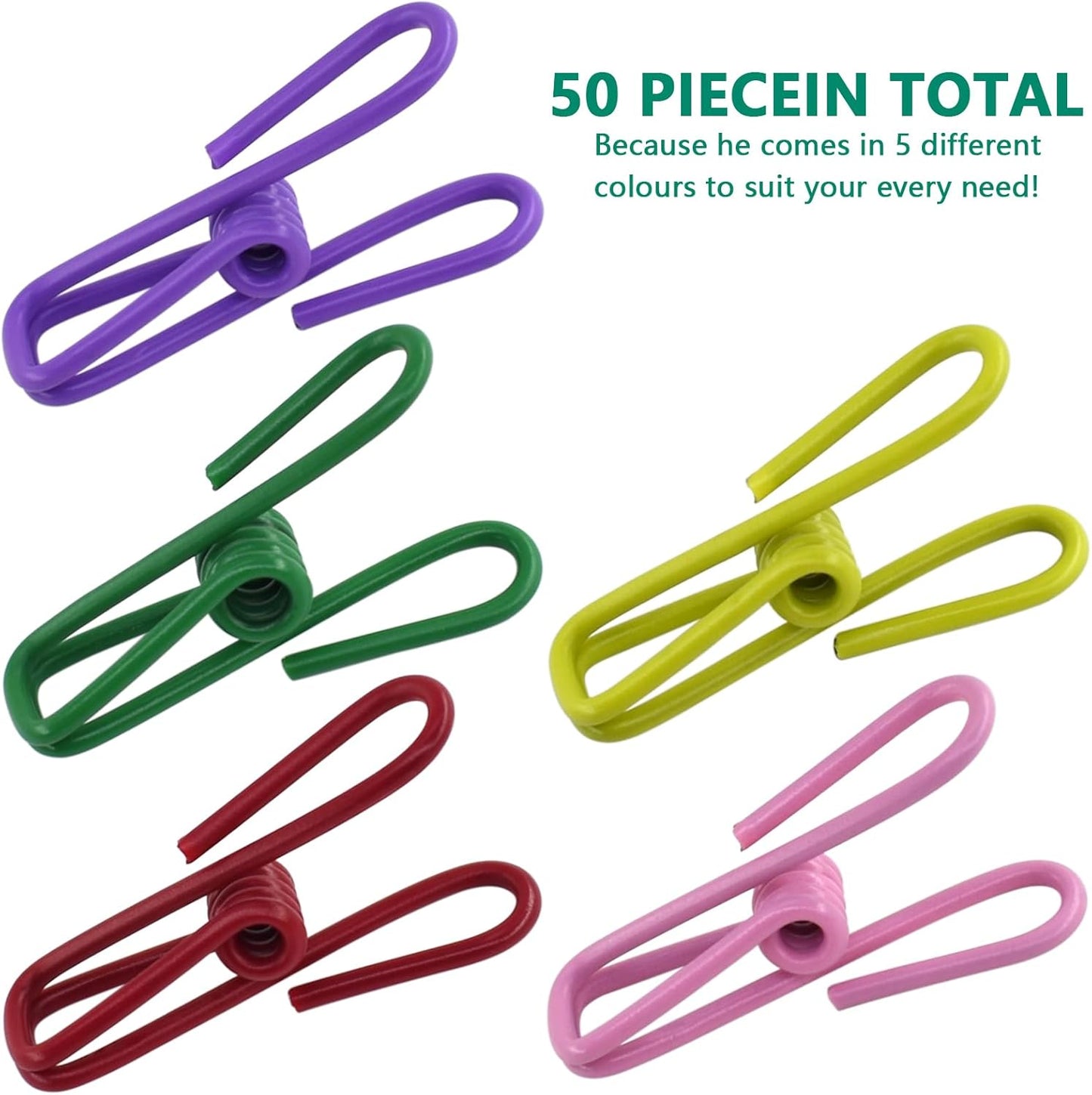 50 Packs Steel Wire Clips Vinyl Plastic Coated Multi-Function Colored Utility Clothesline Clip for Laundry Hanging, Kitchen Bag Sealing, Multi-Purpose Clothespins