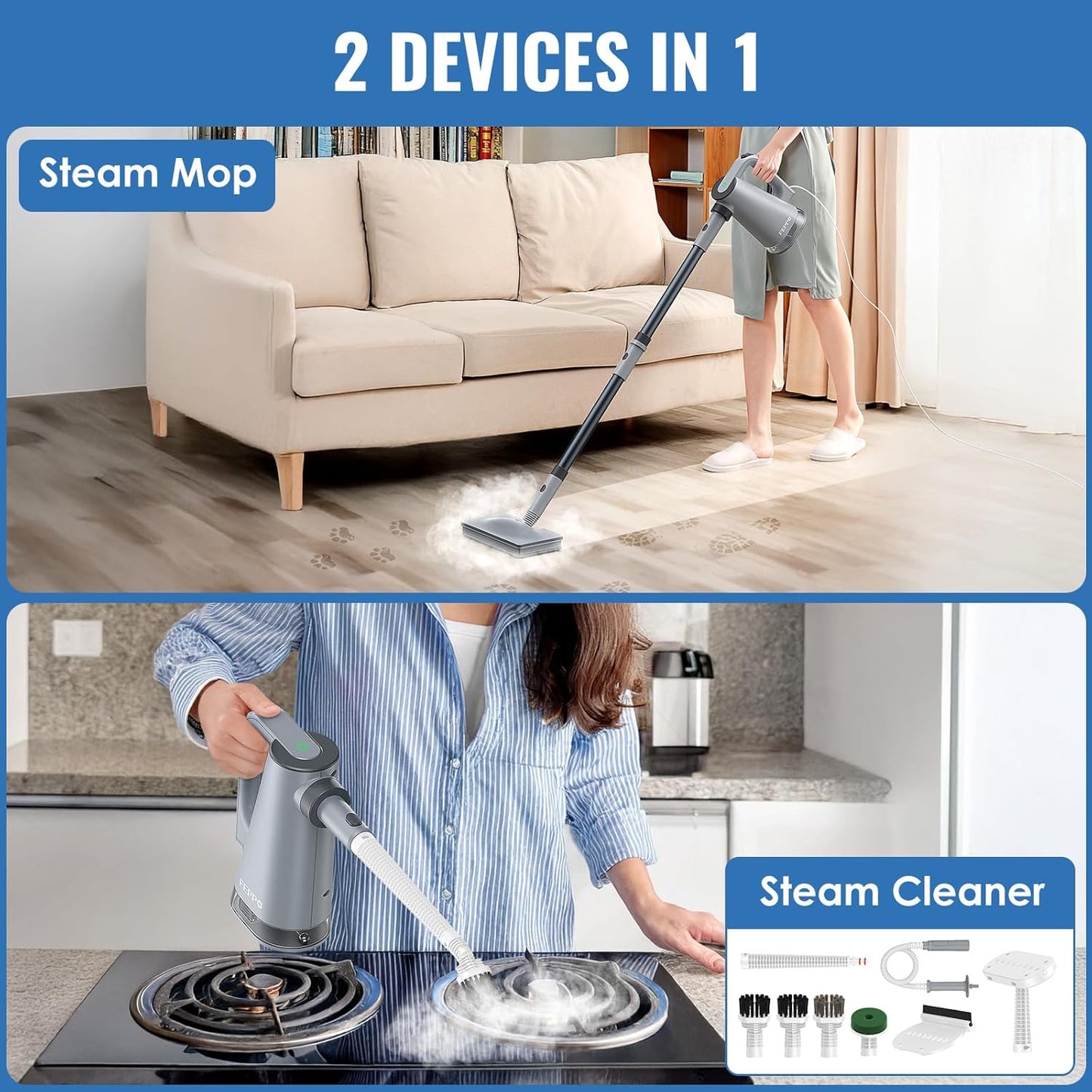 FEPPO Steam Mop & Handheld Steam Cleaner for Home and Floor Cleaning, 15s Heat-Up, 230°F Powerful Steamer with 10-in-1 Multi-Purpose Attachments for Floors, Hardwood,Tiles,Grout,Windows,Kitchen,Bath