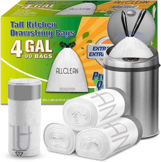 Trash Bags 4 Gallon Small Kitchen Drawstring Bathroom Garbage Bags, Fit 2-4 Gal Bins,Extra Strong&Leak-Proof,Unscented&Recyclable Trash Can Liners for Bathroom Home Office Bedroom Lawn