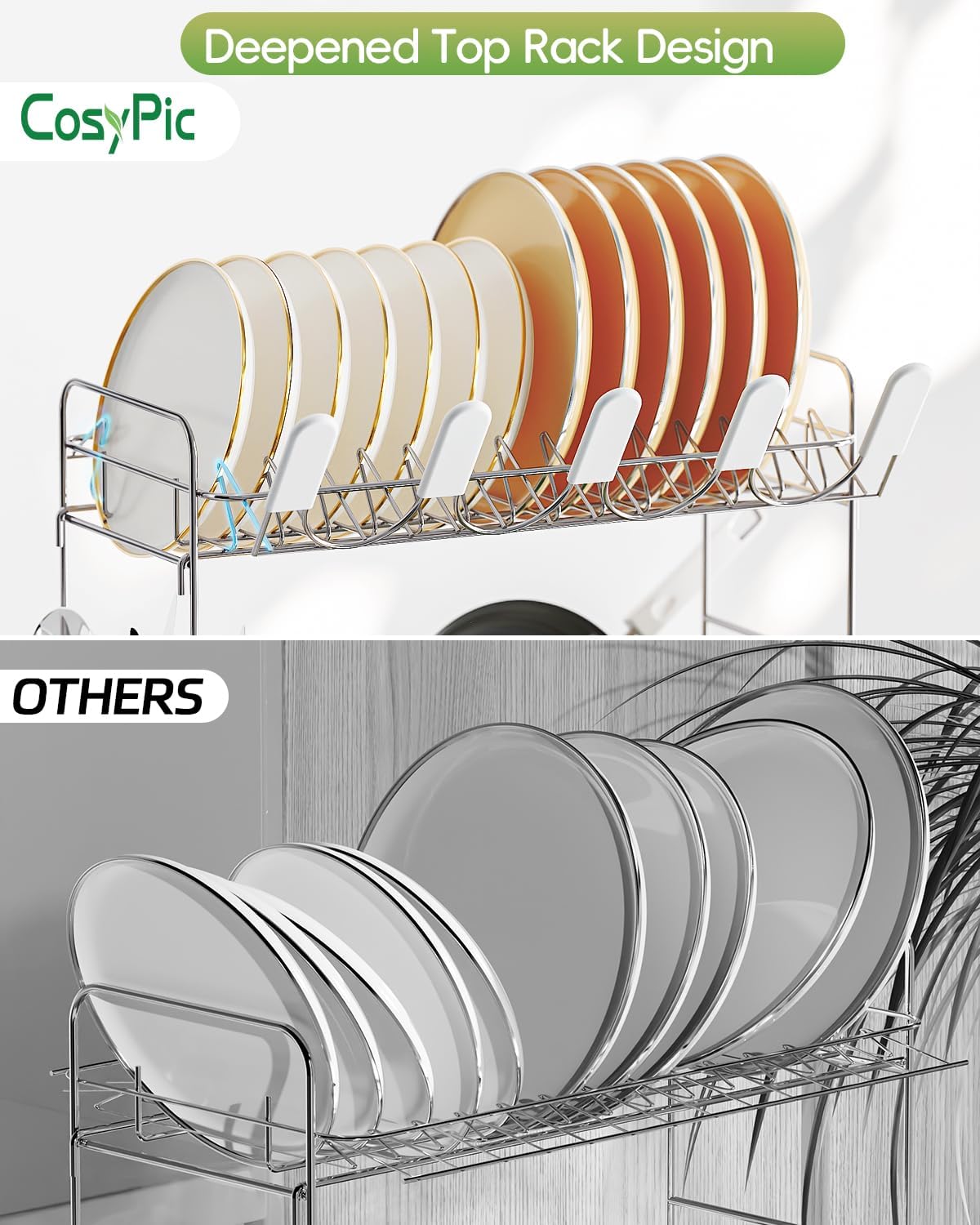 2 Tier Dish Drying Rack, Thicker Premium 304 Stainless Steel Dish Racks for Kitchen Counter, Automatic Drainage Spout, Dish Drainer & Drainboard Set with Utensil Holder and Cup Holder, White