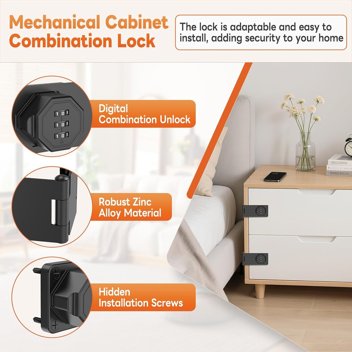 90 Degree 3-Digit Combination Cabinet Lock, Zinc Alloy Keyless Folding Hasp Lock Latch, Password Security Rotary Door Latch for Office File Cabinet, Drawer, Locker, Cupboard (1, Black)