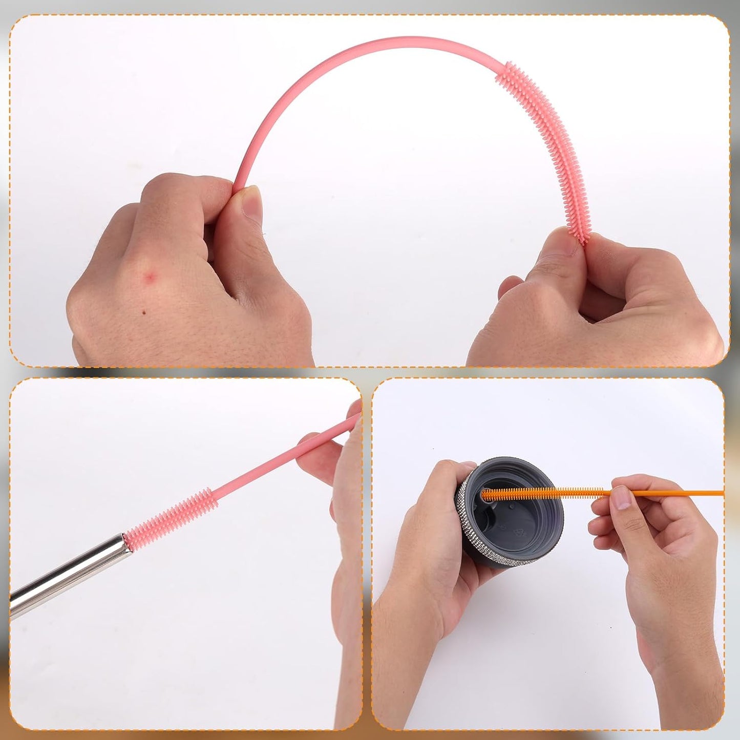 2pcs Silicone Straw Cleaner Brush, 9.44in Extra Long Reusable Straw Brush for Stanley, Metal, Glass Straws, Bendable Travel Drinking Bottle Lid Cleaning Tool for Crevice Pipe Tube (Pink,Orange)
