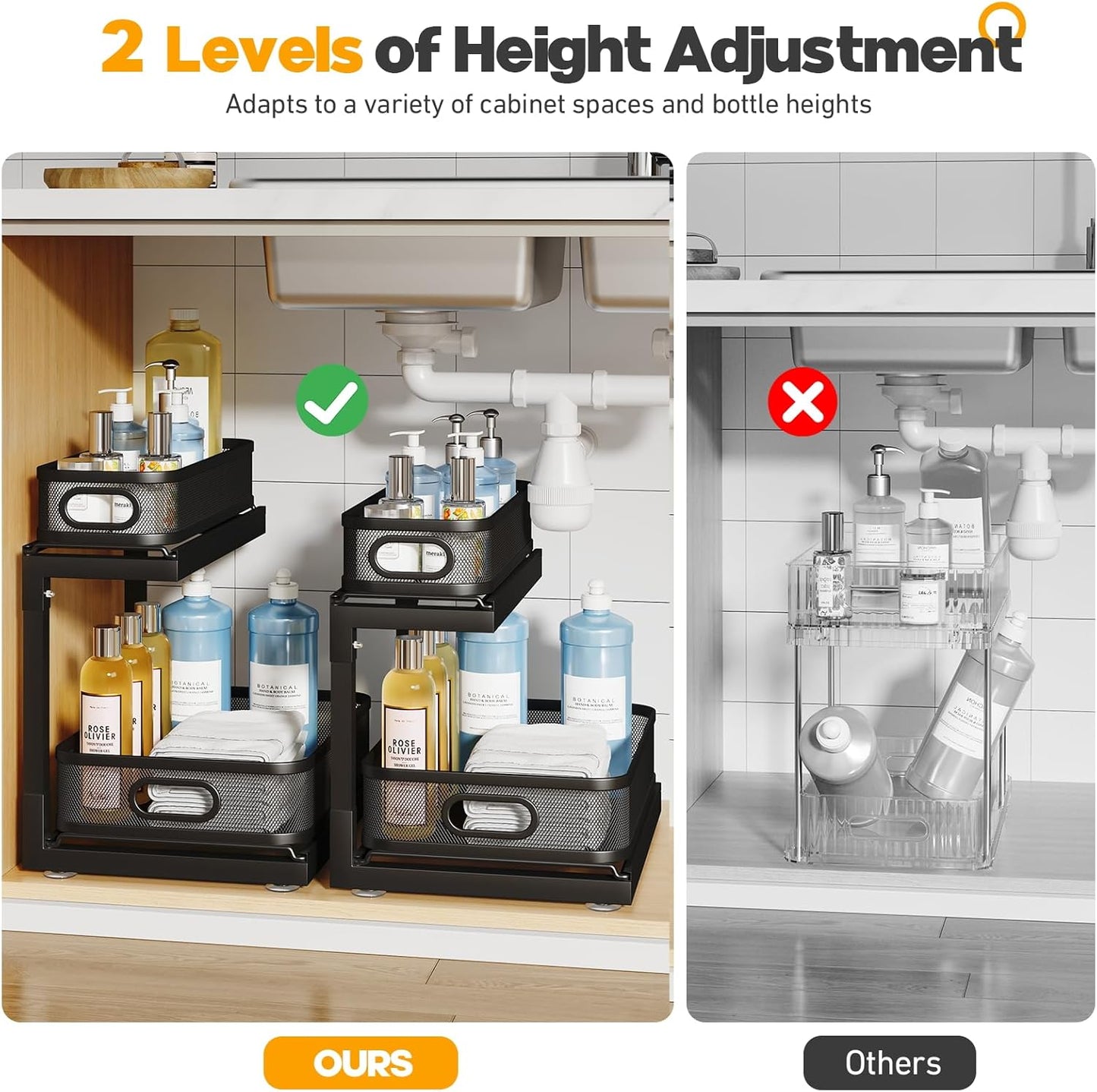 1-Pack Under Sink Storage Organizer with 2-Tier Slide Out Drawer, Sophisticated Mesh Pull Out Shelf for Kitchen & Bathroom, Fits Small Items, Upgraded Arched Track for Smooth Gliding-Black