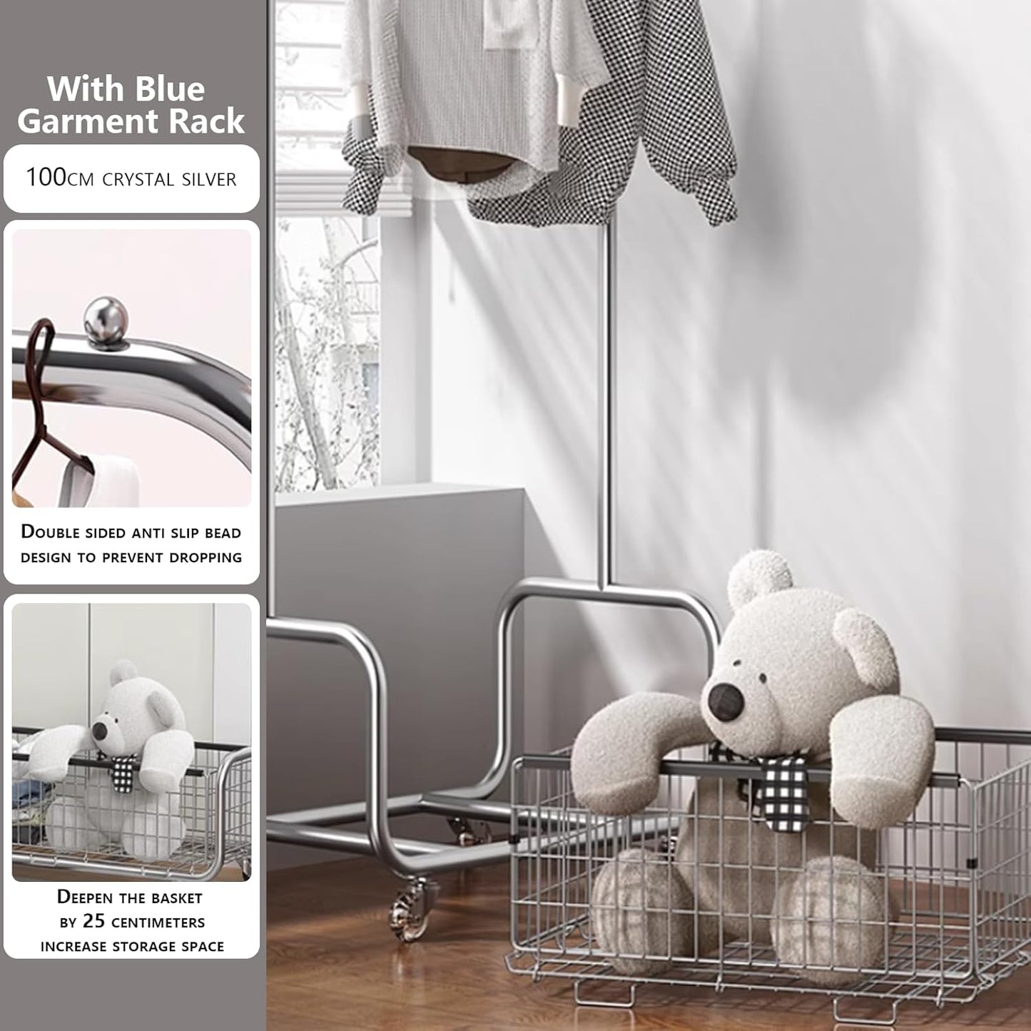 Garment Rack With Storage Baskets,Clothing Rack for Hanging Clothes, Multi-functional Bedroom Clothes Rack with Wheels for Bedroom, Living Room, Easy Assembly (24inch length)